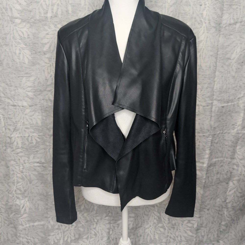 Philosophy Republic Clothing Black Faux Leather Draped Open Front Jacket Medium